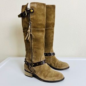 Very Volatile Suede Emperor Brown Gold Plated Knee High Zip Riding Boots
